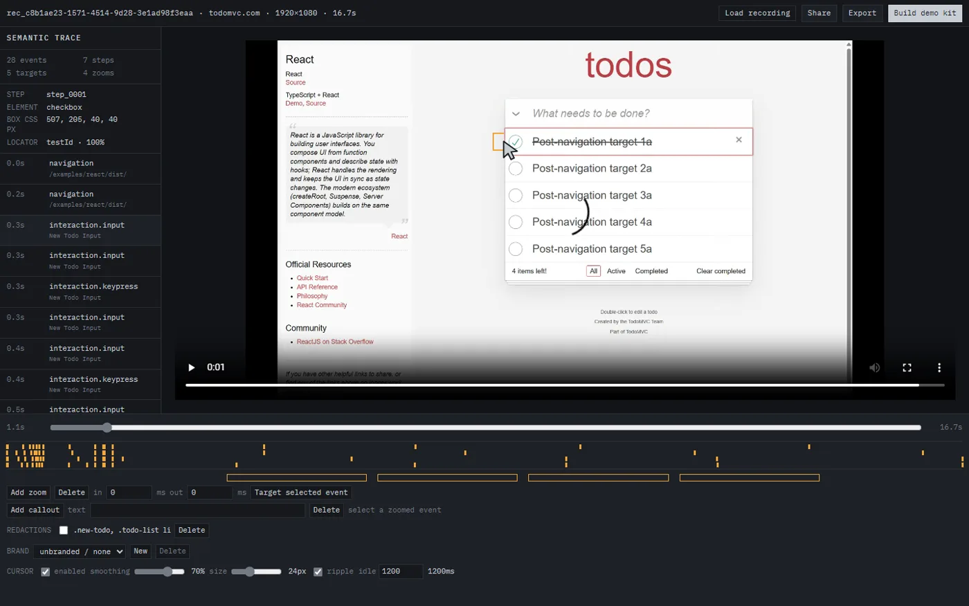 The Cutscene editor with the semantic trace listed on the left and the zoom and redaction timeline below the video.