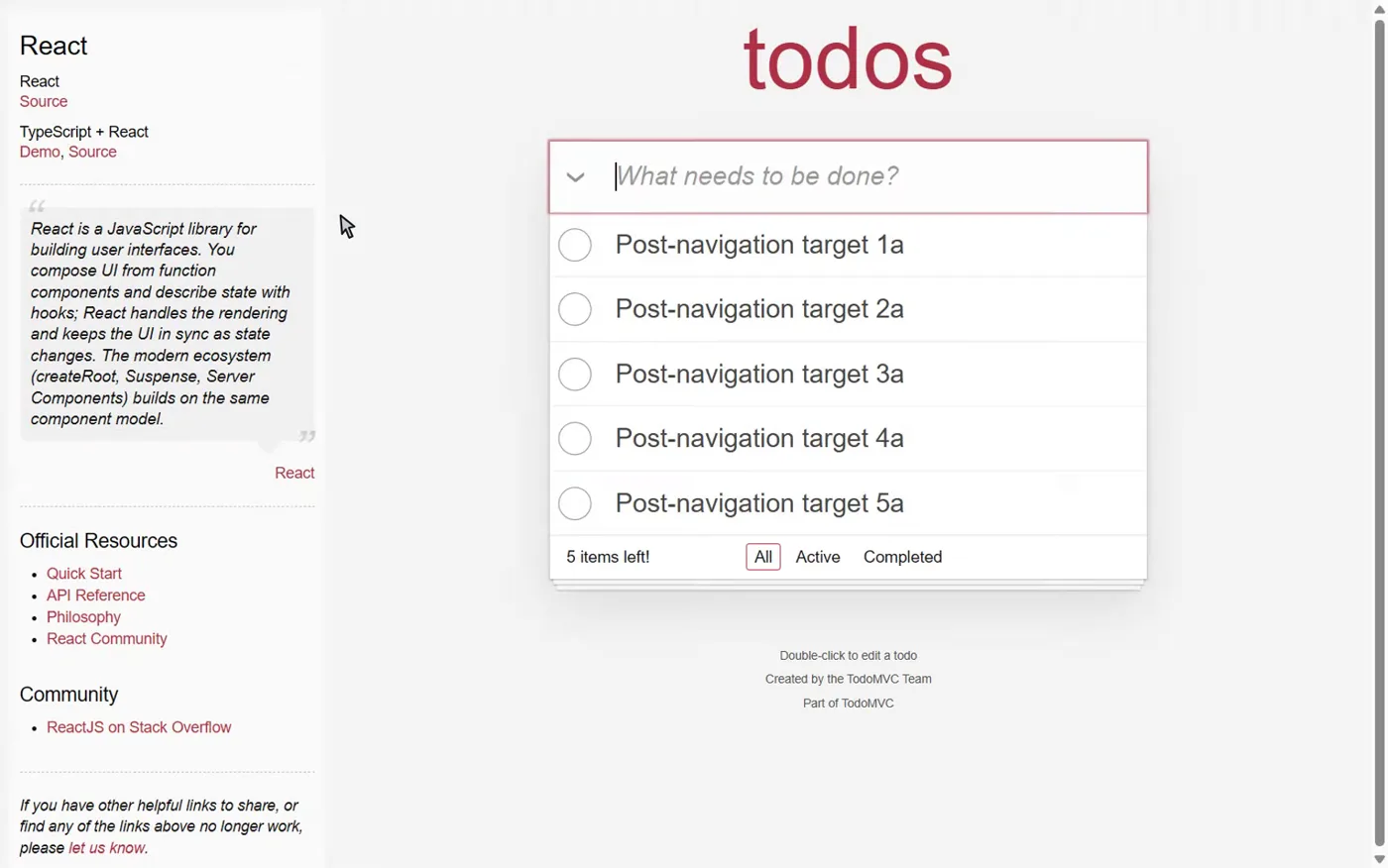 A frame from the raw recording. The whole TodoMVC page is visible and the mouse pointer sits in empty space beside the list.